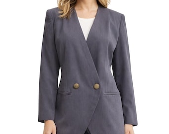 Chaqueta tipo blazer forrada para mujer, talla 4, color morado y gris, estilo vintage de los años 90, marca Karen Scott Petites.