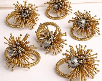 Vintage 60s Napkin Rings Atomic Starburst Beaded Set of 6 Gold Mid Century MCM