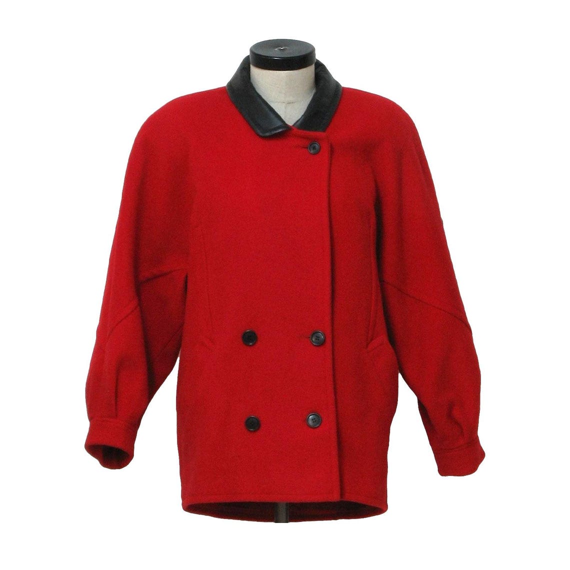 Vintage 80s Red Wool Coat Jacket Leather Collar Women's Medium Power Shoulder, Foto 1 von 5