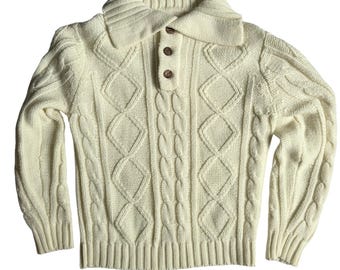 Vintage 70s Men's Medium Cream Cable Knit Sweater Acrylic Sears King Road