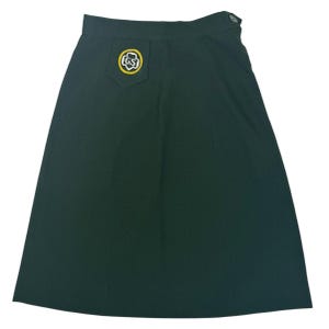 May include: A dark green A-line skirt featuring a small pocket on the upper right side with a circular yellow and white patch displaying the letters GS in the centre. The skirt has a simple waistband with a single dark button closure at the top.