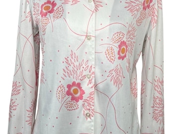 Vintage 70s Devon Pink Floral Button Front Blouse Long Sleeve Women’s S/M
