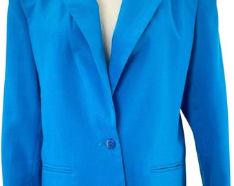 Vintage 80s Sasson Petite Women's 12 Blue Blazer Jacket Shoulder Pads