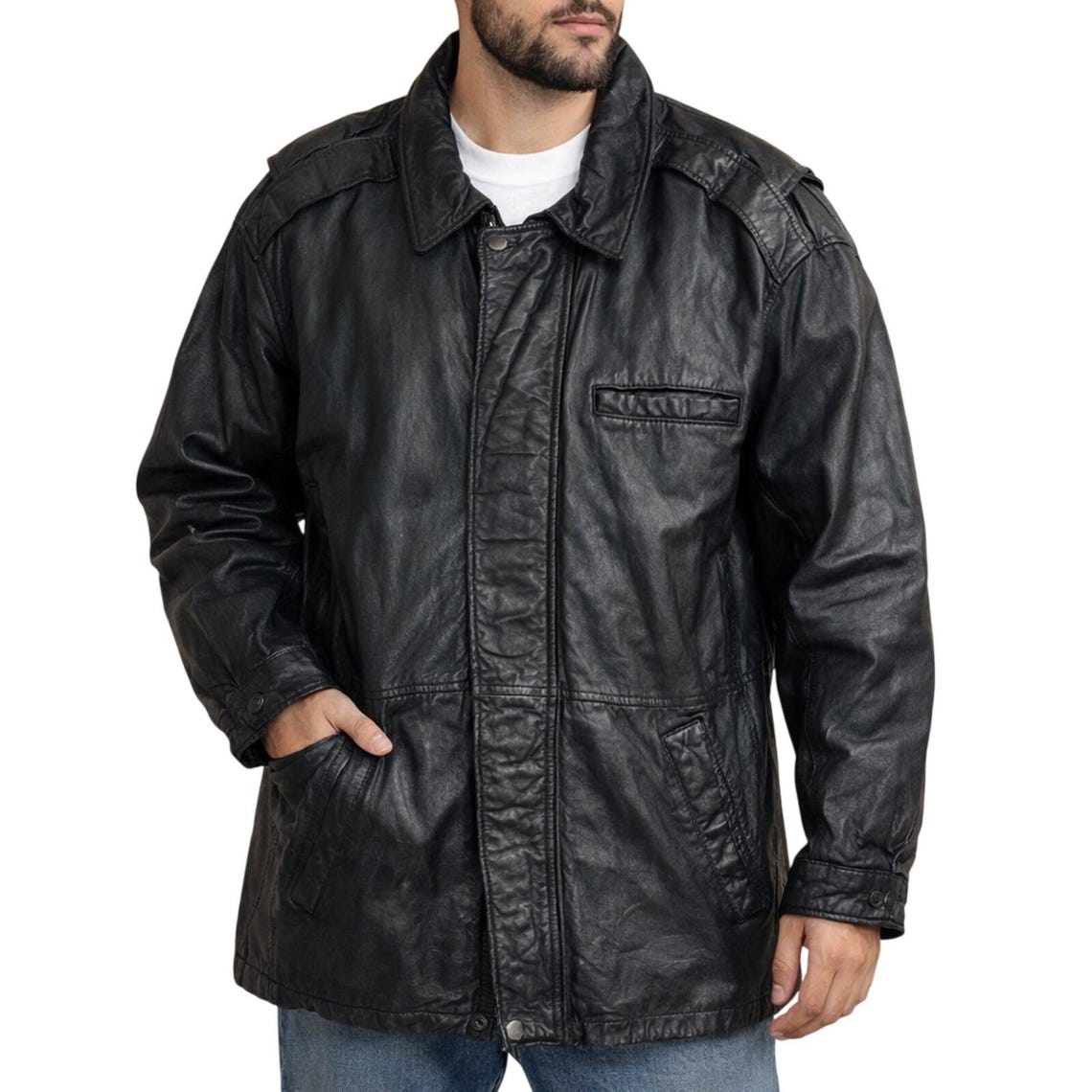Vintage 90s Wilsons Black Leather Jackets Zip Front Snap Cuffs Lined Men’s XL, photo 2 sur 5