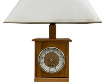 Vintage 80s Wood Lamp Quartz Clock Drawers Honey Tone Nightstand Light