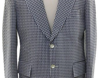 Vintage 70s Men's Large 42R Gray Hilton Navy White Check Blazer Sport Coat USA