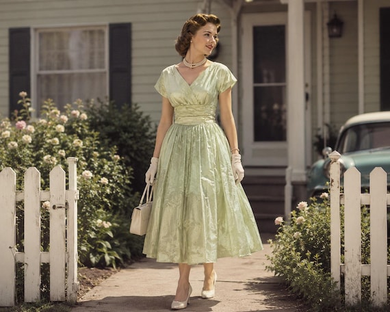 mint green 50s dress Vintage Midi Formal Satin Cummerbund Women's Small FTW