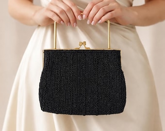 Vintage 70s Ruchere Black Beaded Gold Frame Evening Purse