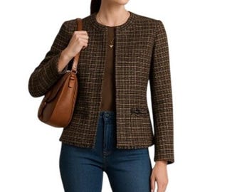 S MaxMara Damen 2 Braun Tweed Wolle Blazer Kurz Zip Jacke Designer