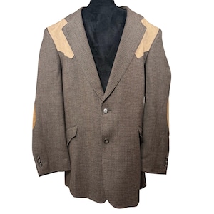 Vintage 90s Tweed Wool Blazer Men's 44R Mesquite Brown Suede Yoke Elbow Patches