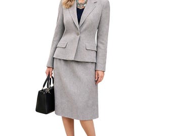 Vintage 80s Women's 14 Evan-Picone Wool Gray Skirt Suit Set USA Made