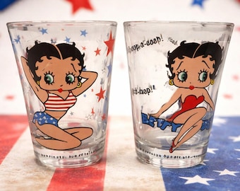 Set di bicchierini vintage Betty Boop anni '90, patriottici, rossi, bianchi e blu, 2 once
