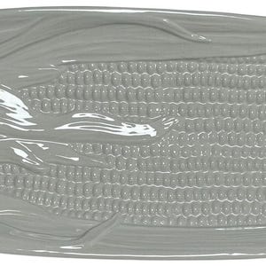 May include: A gray ceramic serving platter shaped like an ear of corn. The platter has a glossy finish and detailed embossed design of corn kernels and husks. The oval-shaped dish is suitable for serving food.