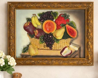Vintage 70s 3D Raised Fruit Still Life Framed Wall Art Textured Relief