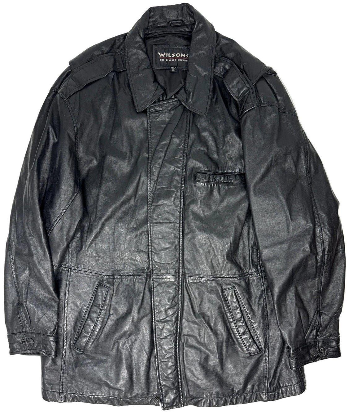 Vintage 90s Wilsons Black Leather Jackets Zip Front Snap Cuffs Lined Men’s XL, photo 3 sur 5