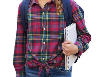 Blusa tipo camisa de franela a cuadros Crewcuts para niñas de 14 años con lazo frontal y botones.