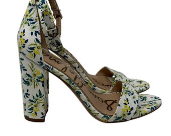 Sandalias de tacón de bloque con estampado floral Yaro de Sam Edelman para mujer, talla 6.5, con correa en el tobillo.