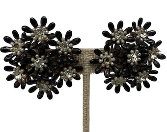 Pendientes de clip vintage de los años 50 con diseño floral de margarita negra y diamantes de imitación, 5 cm (2 pulgadas)