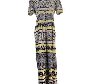 Vintage 90-tals Melissa Collection Rayon Jumpsuit USA Blå Gul Boho Dam Small