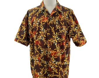 Vintage 90s No Fear Hawaiian Shirt Mens XL Brown Floral Nylon Camp Shirt