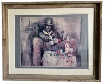 Vintage 1985 Signed Framed Cowboy Western Watercolor Print 31x24