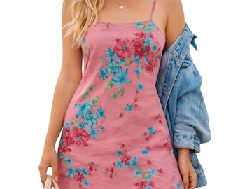 Sukienka mini z kwiatowym wzorem w stylu vintage z lat 90. od 9 Byer Too w kolorze różowym, na cienkich ramiączkach, USA