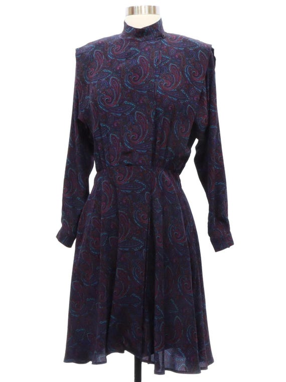 Liz Claiborne, Vintage Liz Claiborne Silk Paisley Dress Purple Pleated A-Line 80s 90s