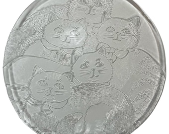 Plateau de service chat vintage des années 80, assiette ronde en verre gaufré transparent de 12,5 po.