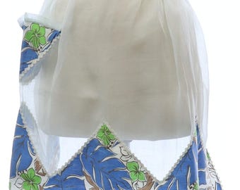 Vintage 60s Sheer Blue Floral Waist Apron Cabin Print Home Sewn