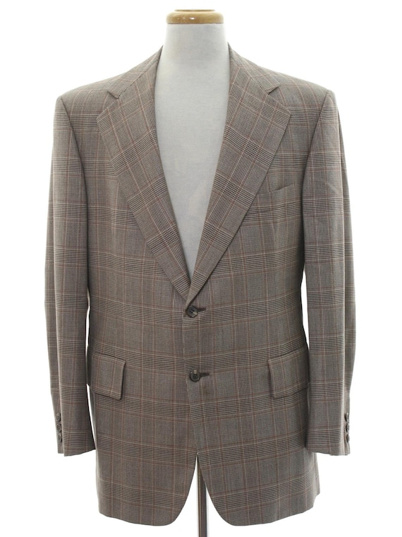 Hickey Freeman, Vintage 70s Hickey Freeman Rosenblatts Brown Windowpane Wool Blazer Men's 42"