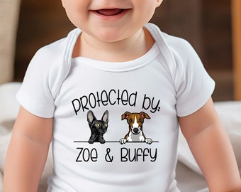 Protected by Pet Onesie®, Custom Dog Baby Bodysuit, Personalized Baby Shower Gift, Customized Pet Kids Shirt, Cat Name Toddler Shirt