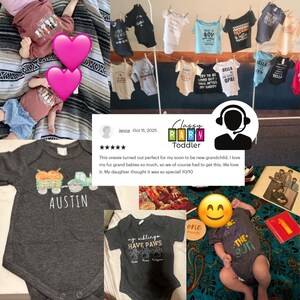 The image is a collage of various baby-related items, including baby clothes, a baby's headband, and a baby's onesie. There is also a baby's head wearing a heart-shaped headband and a baby's onesie with a smiley face. The collage also includes a review of a baby clothing item, a baby's headband, and a baby's onesie.