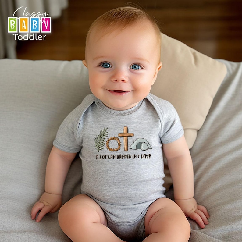 Easter Baby Onesie®, Christian Toddler T-Shirt, He is Risen Kids Shirt, Easter Gift, Jesus Youth Outfit, A Lot Can Happen in 7 Days Bodysuit image 6