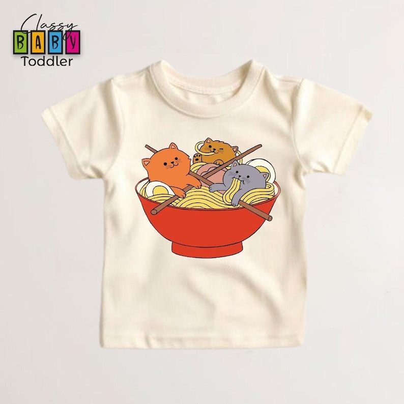 Cute Ramen Cat Toddler Shirt, Ramen Kids Shirt, Cat Eating Ramen Youth Shirt, Cat Baby Bodysuit, Gift for Cat Mom, Noodles Gifts image 3