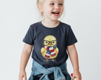 Cute Chick with Glasses Patriotic Kids Shirt, Watercolor USA Pride Baby Onesie for National Holidays, Funny Animal Lover Independence Day