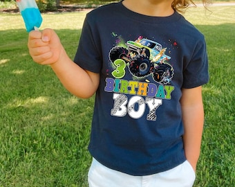 3rd Birthday Boy Monster Truck Tee, Cute Monster Truck Third Birthday Theme Shirt, Birthday Boy Age 3 Monster Truck Graphic Shirts