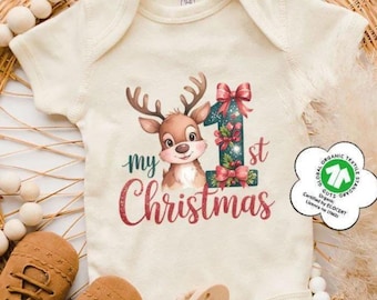 My First Christmas Reindeer Baby Bodysuit, Cute Reindeer Newborn Holiday Outfit, Baby's First Xmas, Christmas Gift for Baby