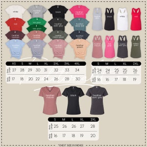 May include: A size chart for t-shirts and tank tops with different colors and sizes. The chart shows the body length and width in inches for each size. The sizes range from XS to 4XL for t-shirts and S to 2XL for tank tops.