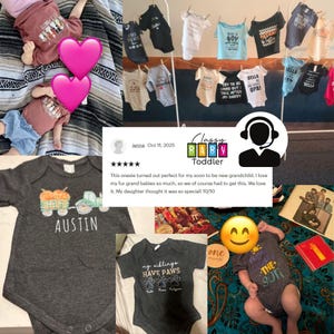 The image is a collage of various baby-related items, including baby clothes, a baby's headband, and a baby's onesie. There is also a baby's head wearing a heart-shaped headband and a baby's onesie with a smiley face. The collage also includes a review of a baby clothing item, a baby's headband, and a baby's onesie.