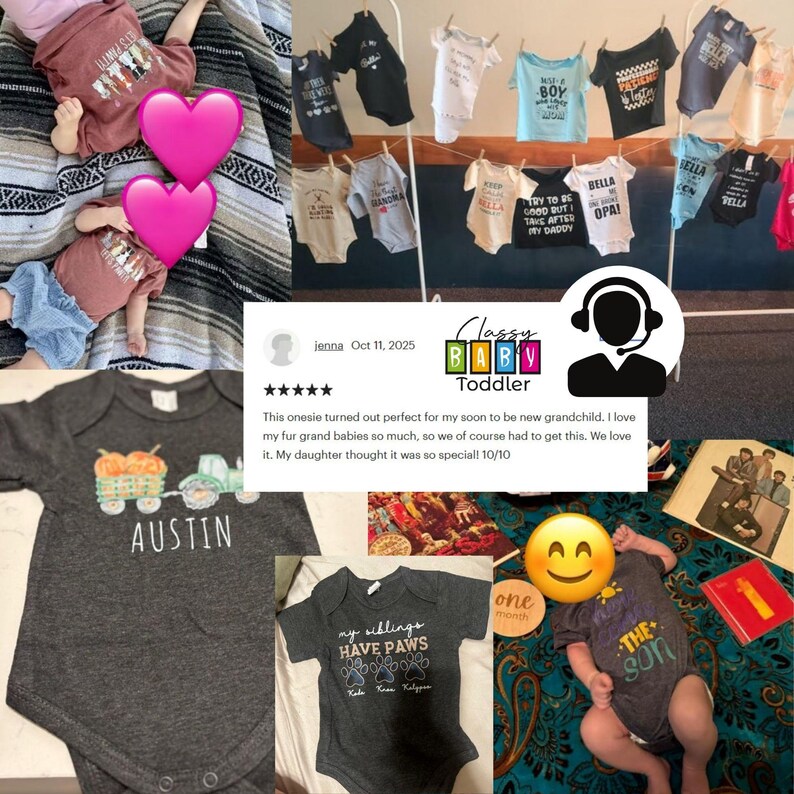 The image is a collage of various baby-related items, including baby clothes, a baby's headband, and a baby's onesie. There is also a baby's head wearing a heart-shaped headband and a baby's onesie with a smiley face. The collage also includes a review of a baby clothing item, a baby's headband, and a baby's onesie.