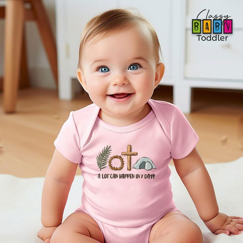 Easter Baby Onesie®, Christian Toddler T-Shirt, He is Risen Kids Shirt, Easter Gift, Jesus Youth Outfit, A Lot Can Happen in 7 Days Bodysuit image 4