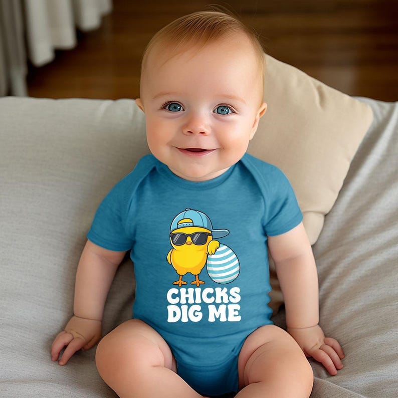 a baby sitting on top of a couch wearing a blue shirt