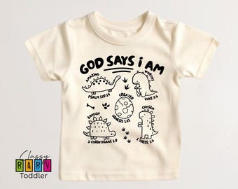 Christian Kids T-Shirts, Bible Verse Toddler Clothing, Dinosaur Graphic Tees, God Says I Am T Shirt, Biblical Youth Shirts, Gift for Kids