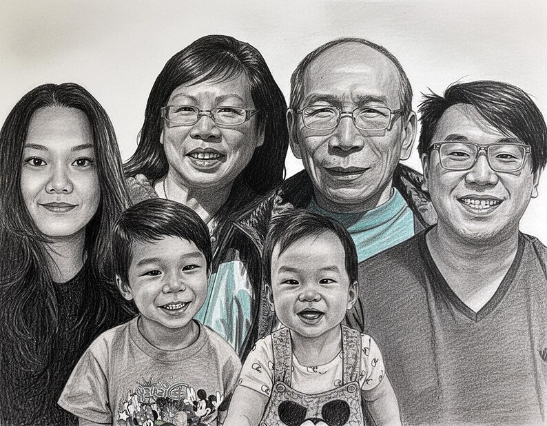 Retrato conmemorativo: agregue a su ser querido fallecido a la foto, dibujo familiar personalizado (archivo digital disponible) imagen 8