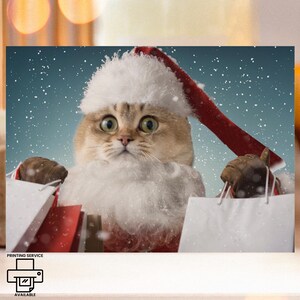 Portrait personnalisé de chat du père Noël, portrait d'animal de compagnie de Noël, image de chat drôle personnalisée, cadeau pour amoureux des chats, cadeau de Noël drôle