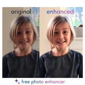 Puede incluir: Una comparaci&oacute;n lado a lado de una foto antes y despu&eacute;s de la mejora. La foto original muestra a una persona joven con la cara y el cabello borrosos. La foto mejorada muestra una imagen m&aacute;s clara de la persona con rasgos m&aacute;s n&iacute;tidos y cabello m&aacute;s definido.