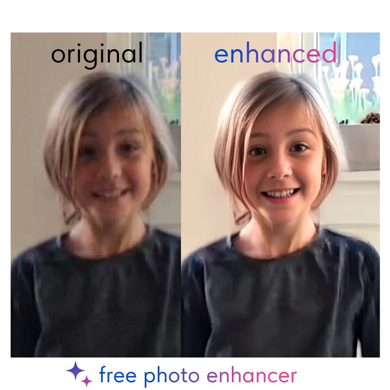 Puede incluir: Una comparaci&oacute;n lado a lado de una foto antes y despu&eacute;s de la mejora. La foto original muestra a una persona joven con la cara y el cabello borrosos. La foto mejorada muestra una imagen m&aacute;s clara de la persona con rasgos m&aacute;s n&iacute;tidos y cabello m&aacute;s definido.