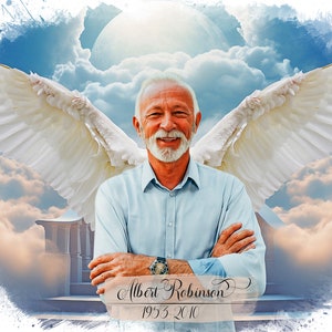 Custom memorial portrait, Deceased portrait from photo, Angel wings & stairways to haven, Sympathy gift, Loss of father mother, relative