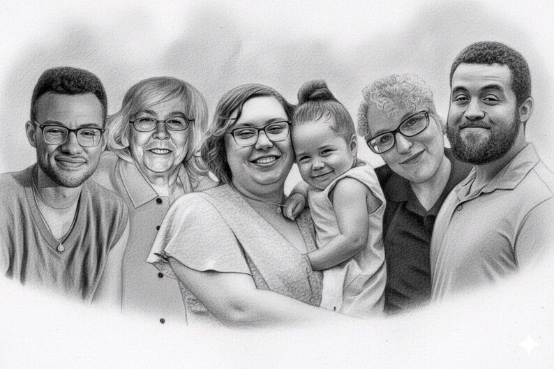 Retrato conmemorativo: agregue a su ser querido fallecido a la foto, dibujo familiar personalizado (archivo digital disponible) imagen 10