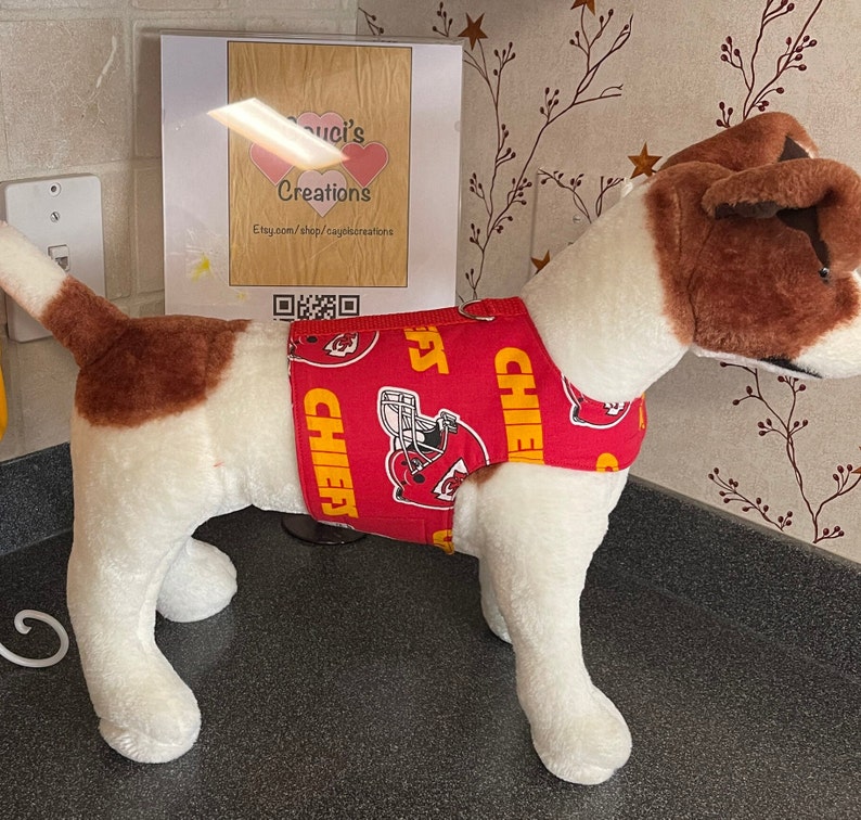 May include: A red dog diaper with a repeating pattern of the Kansas City Chiefs logo and the word "CHIEFS" in yellow. The diaper is on a stuffed dog with brown and white fur. A sign in the background reads "Luci's Creations".